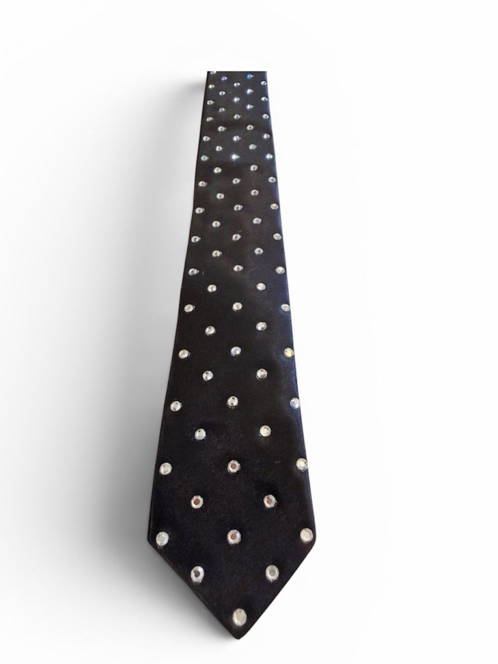 Vintage 70s Black Silk Rhinestone Studded Necktie Office Siren Glam Rock Disco